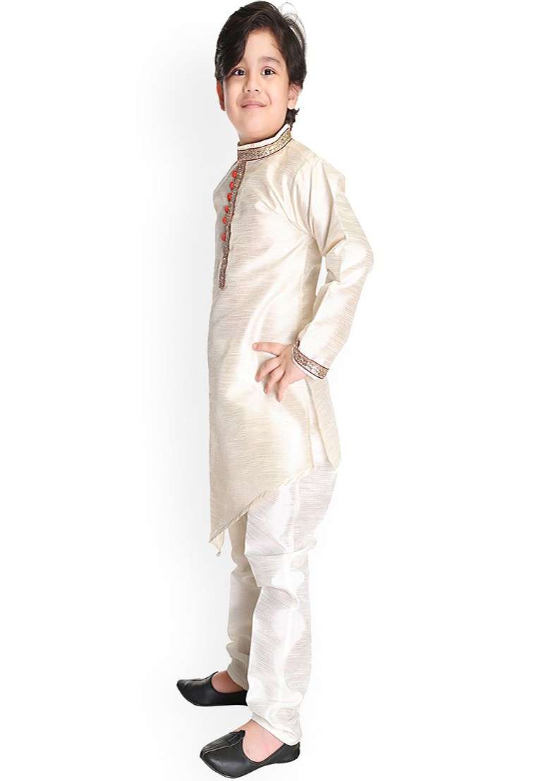 Boys Mandarin Collar Asymmetric Hem Dupion Silk Kurta With Pyjamas - Indya