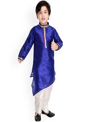 Boys Band Collar Asymmetric Dupion Silk Straight Kurta With Pyjamas
