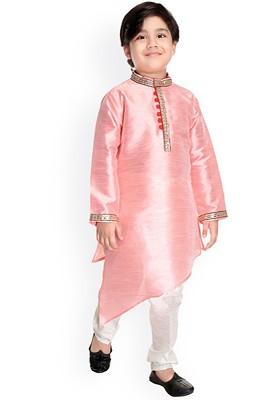 Boys Band Collar Asymmetric Dupion Silk Straight Kurta With Pyjamas