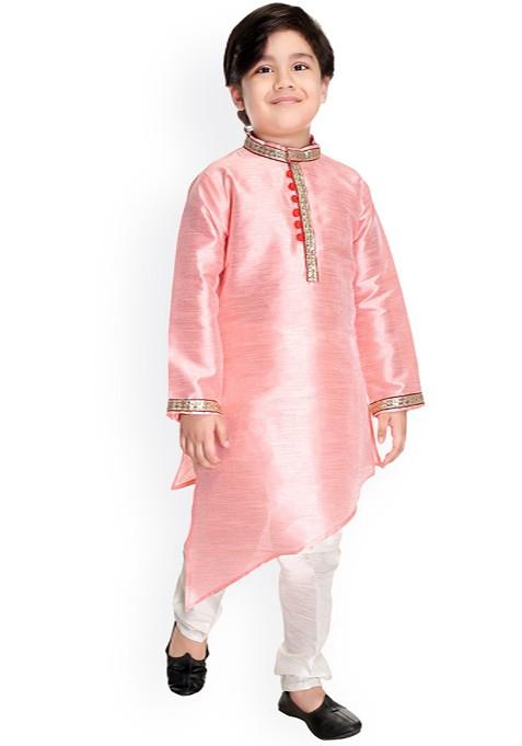 Boys Band Collar Asymmetric Dupion Silk Straight Kurta With Pyjamas