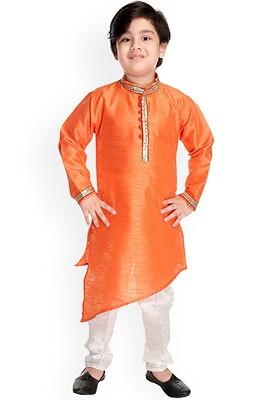 Boys Band Collar Asymmetric Dupion Silk Straight Kurta With Pyjamas