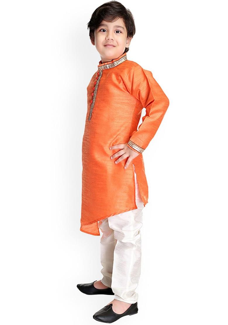 Boys Band Collar Asymmetric Dupion Silk Straight Kurta With Pyjamas - Indya