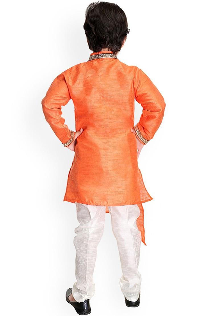 Boys Band Collar Asymmetric Dupion Silk Straight Kurta With Pyjamas - Indya