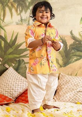 Boys Shirt Collar Floral Printed Regular Kurta With Patiala