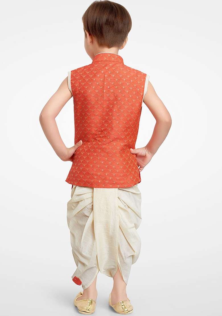 Boys Geometric Woven Design Silk Cotton Straight Kurta With Dhoti Pants - Indya