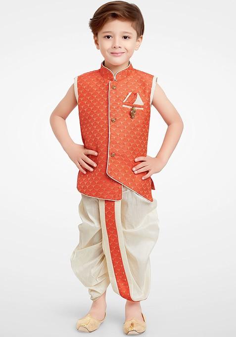 Boys Geometric Woven Design Silk Cotton Straight Kurta With Dhoti Pants — view on Indya