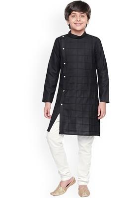 Boys Checked Self Design Band Collar Kurta With Pyjamas