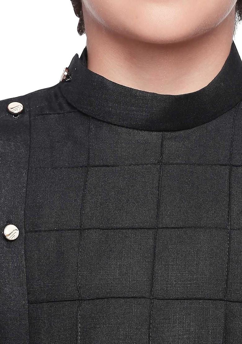 Boys Checked Self Design Band Collar Kurta With Pyjamas - Indya