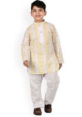 Boys White Striped Regular Pure Cotton Kurta With Pyjamas