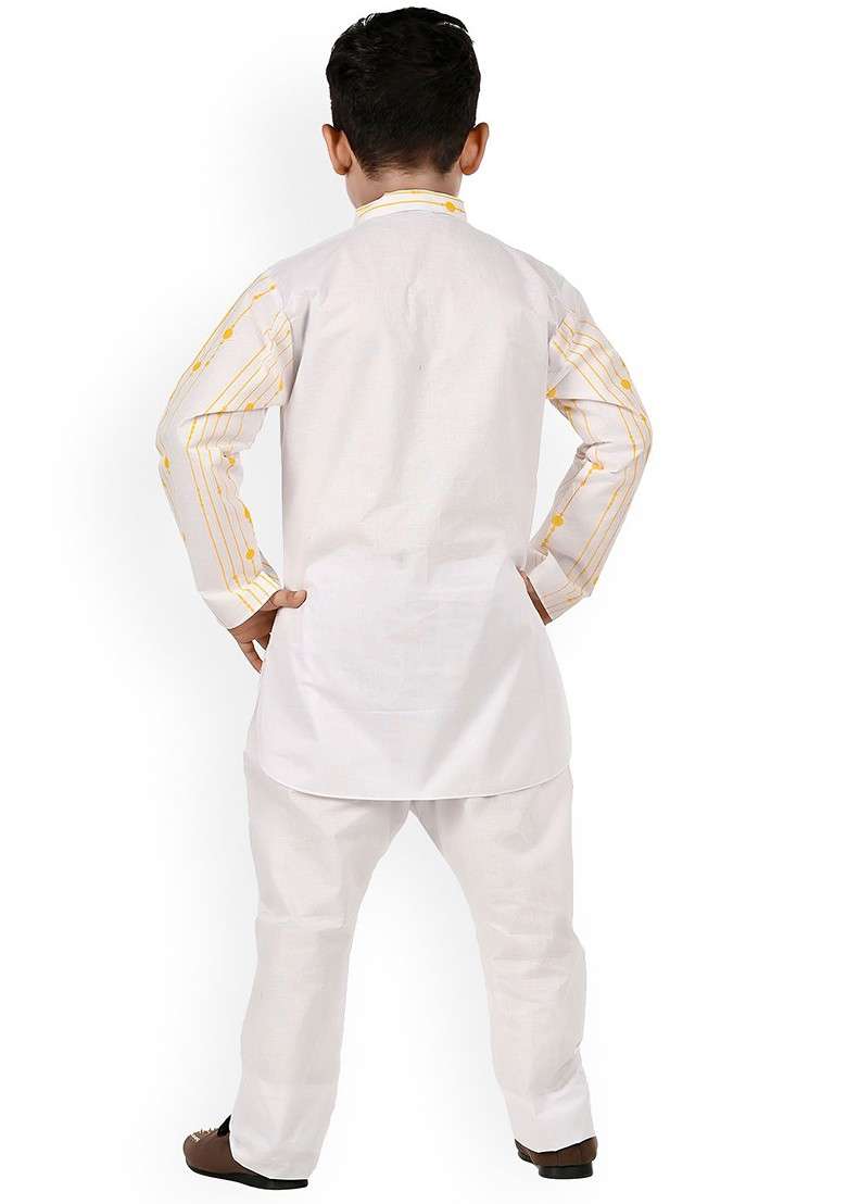 Boys White Striped Regular Pure Cotton Kurta With Pyjamas - Indya