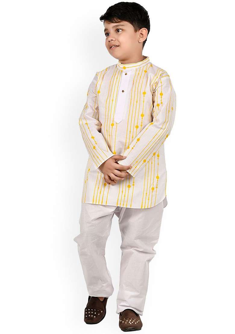 Boys White Striped Regular Pure Cotton Kurta With Pyjamas - Indya
