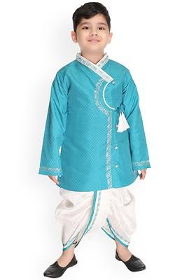 Boys Printed Angrakha Pure Cotton Kurta With Dhoti Pants