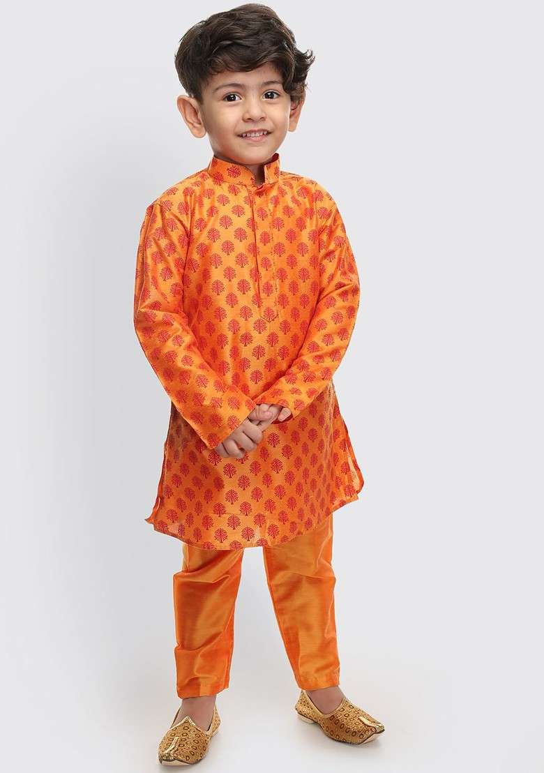 Boys Orange Ethnic Motifs Printed Regular Kurta With Pyjamas - Indya