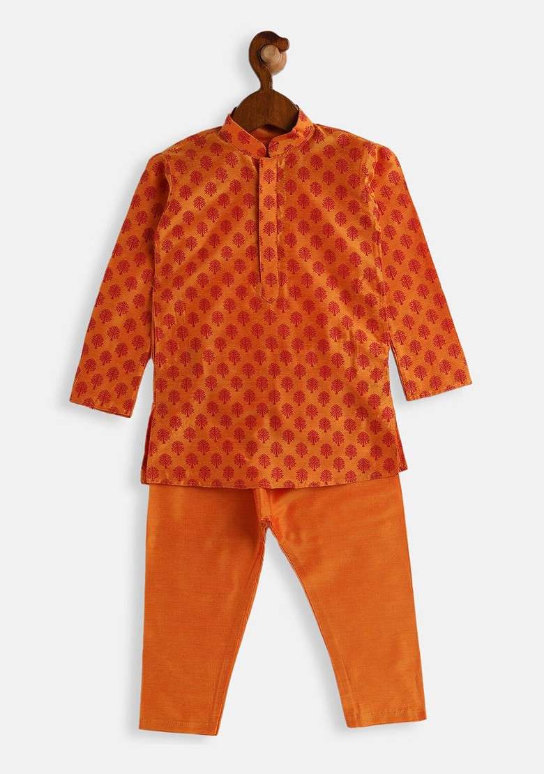 Boys Orange Ethnic Motifs Printed Regular Kurta With Pyjamas - Indya