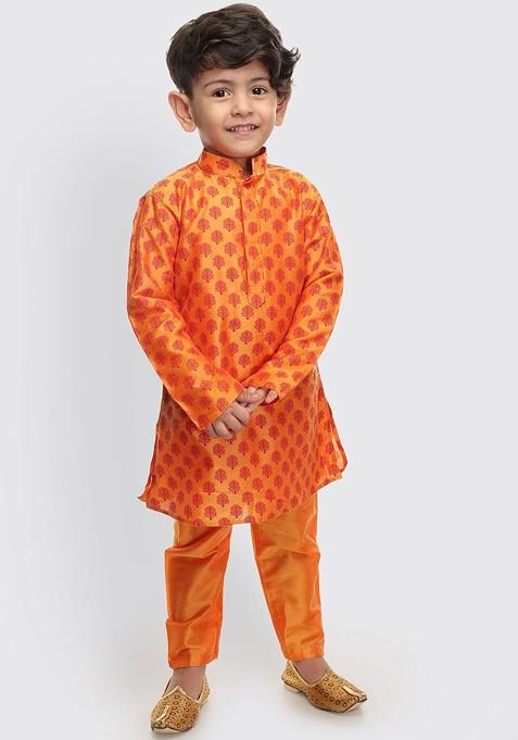 Boys Orange Ethnic Motifs Printed Regular Kurta With Pyjamas — view on Indya