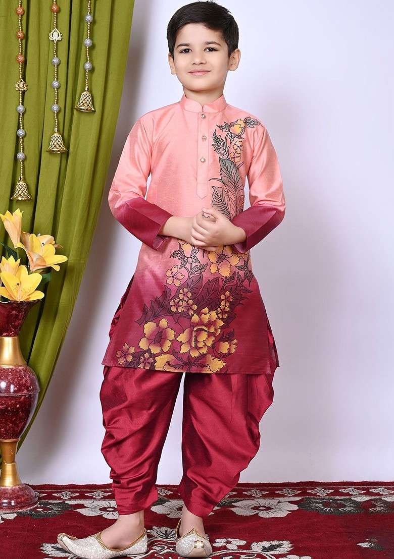 Boys Floral Printed Regular Dupion Silk Kurta With Patiala - Indya