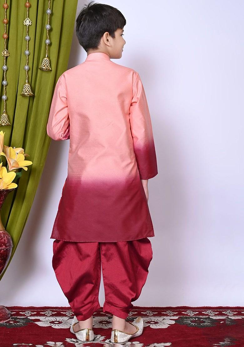 Boys Floral Printed Regular Dupion Silk Kurta With Patiala - Indya