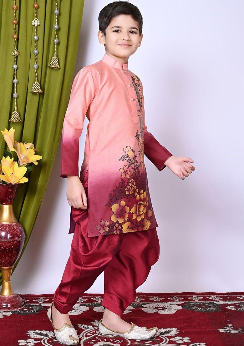 Boys Floral Printed Regular Dupion Silk Kurta With Patiala - Indya