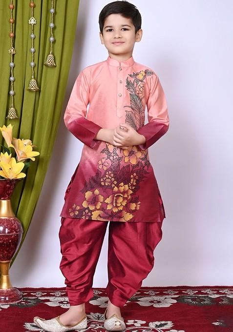 Boys Floral Printed Regular Dupion Silk Kurta With Patiala