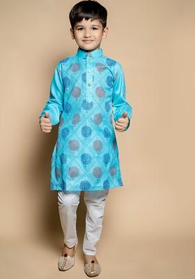 Boys Floral Printed Mandarin Collar Straight Kurta With Pyjamas