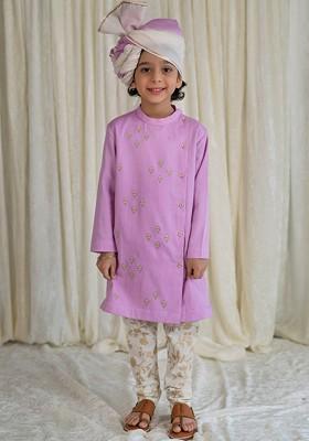 Boys Floral Embroidered Pure Cotton Kurta With Churidar