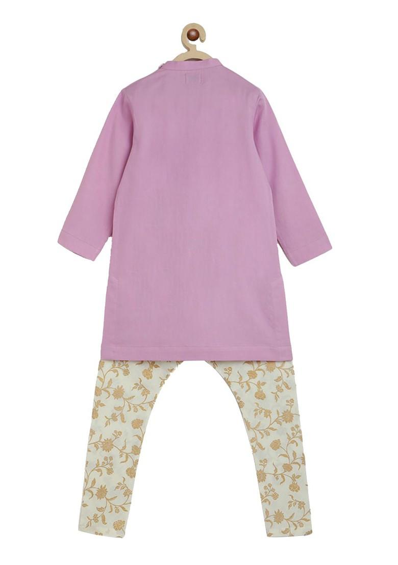 Boys Floral Embroidered Pure Cotton Kurta With Churidar - Indya
