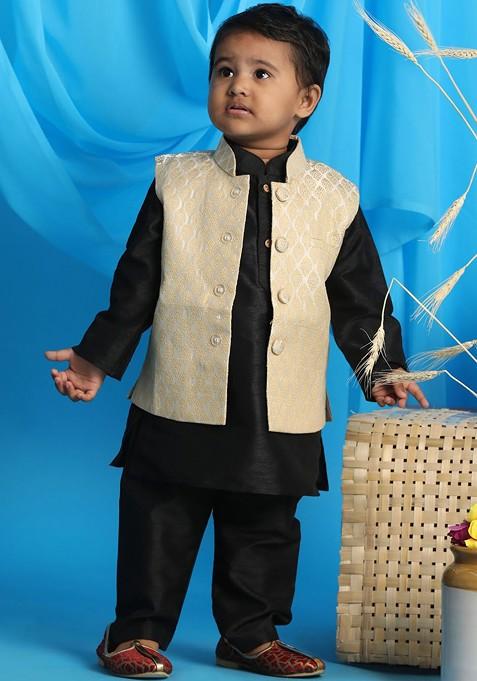Boys Black Solid Kurta With Salwar And Nehru Jacket — view on Indya
