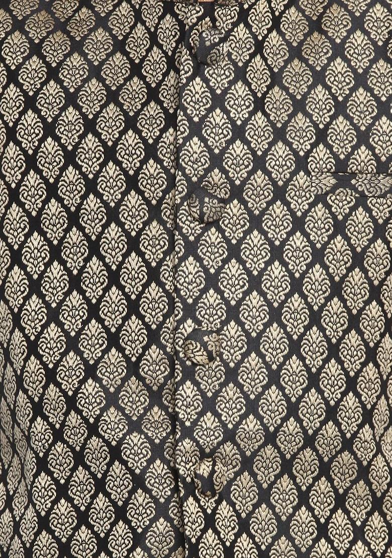 Boys Rose Gold Kurta With Dhoti Pant And Woven Nehru Jacket - Indya