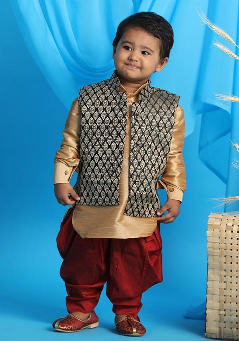 Boys Rose Gold Kurta With Dhoti Pant And Woven Nehru Jacket