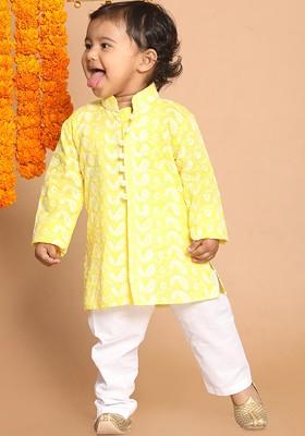 Boys Mustard Yellow And White Pure Cotton Chikankari Kurta Pyjama Set