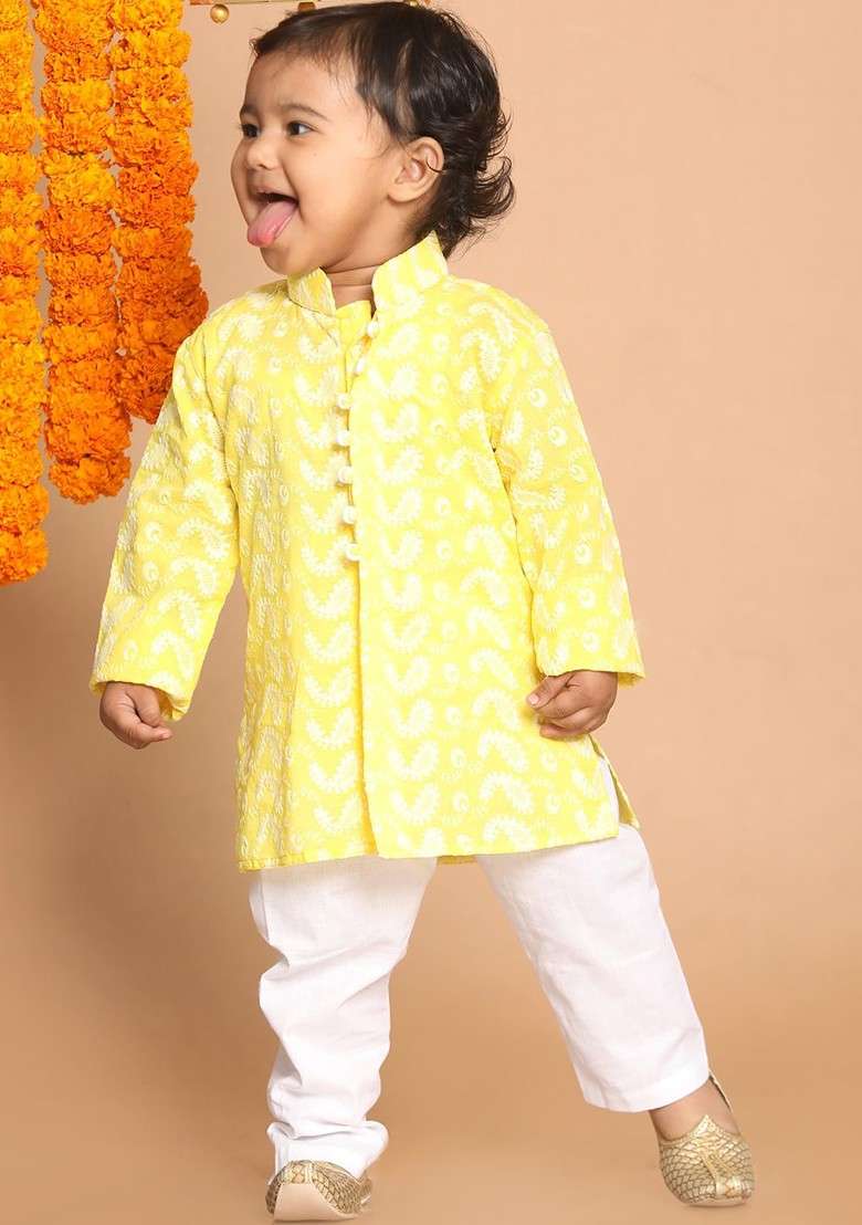 Boys Mustard Yellow And White Pure Cotton Chikankari Kurta Pyjama Set - Indya