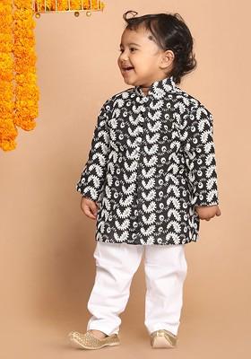 Boys Black And White Pure Cotton Chikankari Kurta And Pyjamas