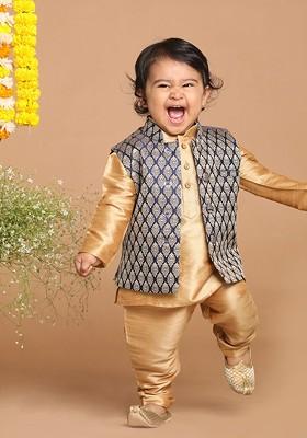 Infant Boys Gold Toned And Blue Kurta With Pyjamas And Nehru Jacket