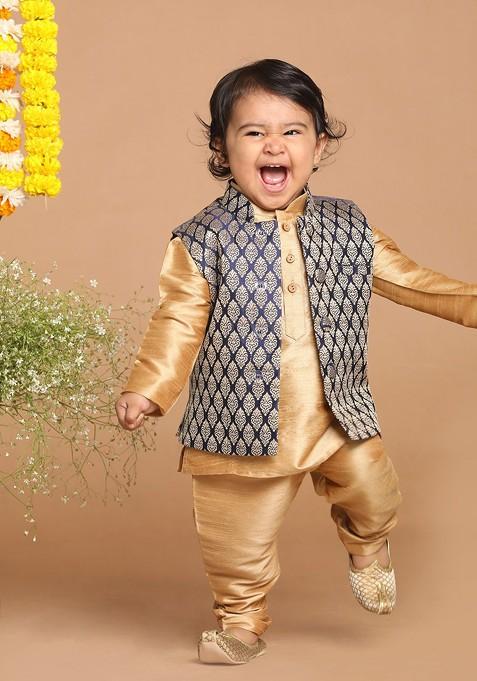 Infant Boys Gold Toned And Blue Kurta With Pyjamas And Nehru Jacket
