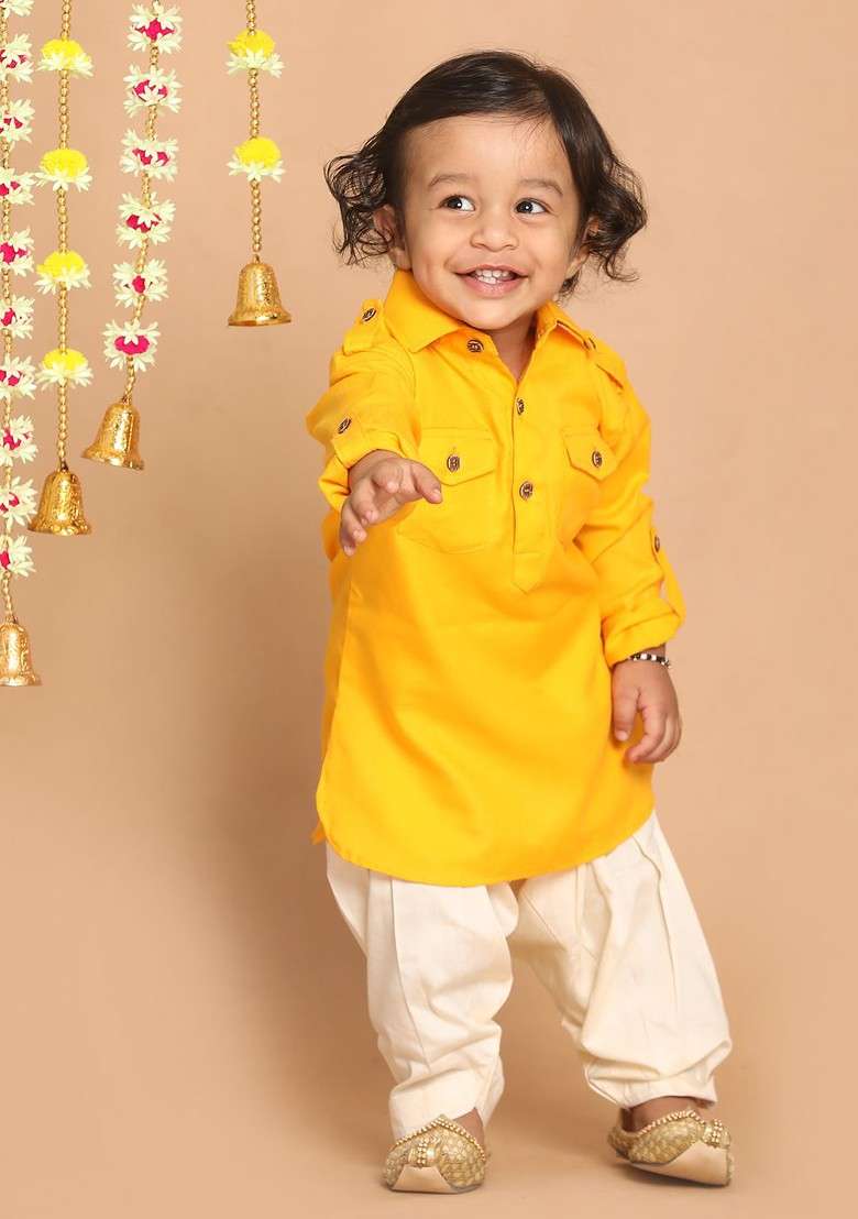 Boys Yellow And Cream Coloured Kurta With Patiala - Indya