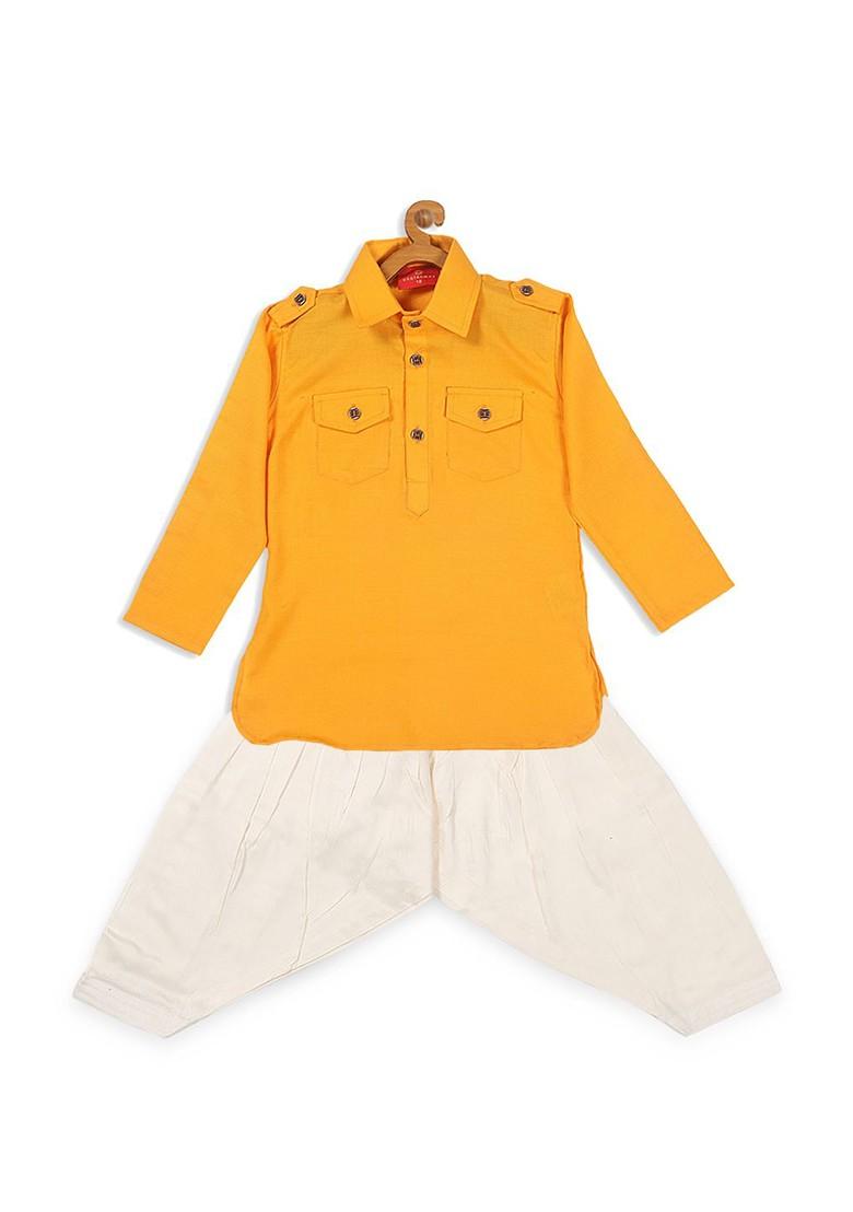 Boys Yellow And Cream Coloured Kurta With Patiala - Indya