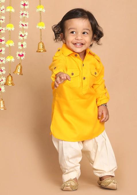 Boys Yellow And Cream Coloured Kurta With Patiala