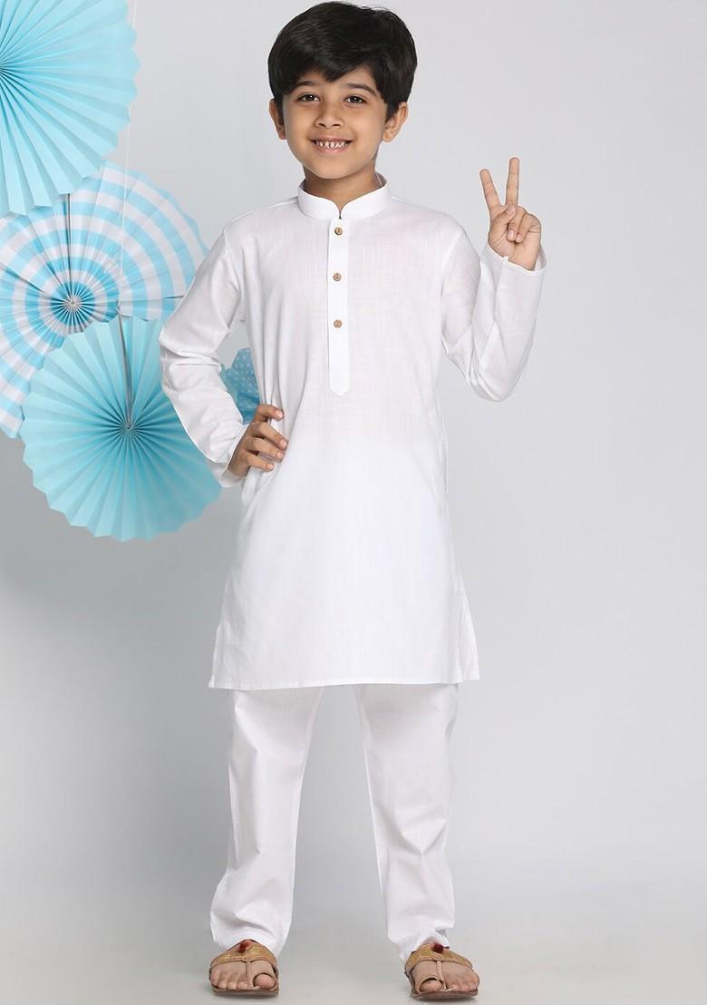 Boys White Solid Kurta With Pyjamas - Indya