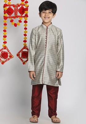 Boys Grey And Maroon Ethnic Motifs Printed Regular Kurta With Pyjamas