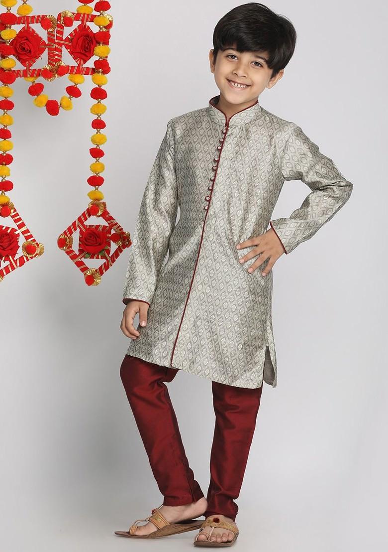 Boys Grey And Maroon Ethnic Motifs Printed Regular Kurta With Pyjamas - Indya