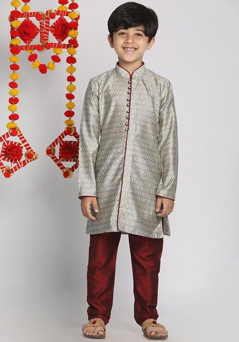 Boys Grey And Maroon Ethnic Motifs Printed Regular Kurta With Pyjamas