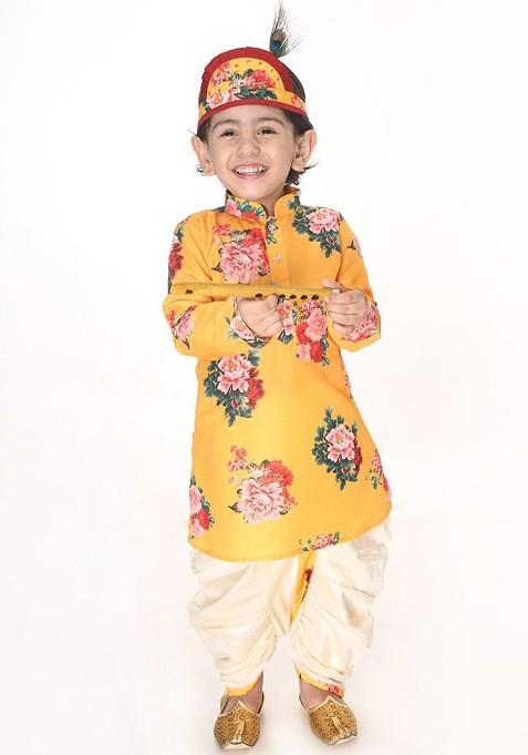 Boys Yellow Floral Printed Regular Kurta With Dhoti Pants