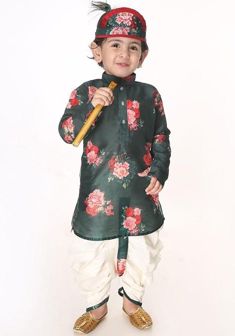 Boys Green Printed Kurti With Dhoti Pants