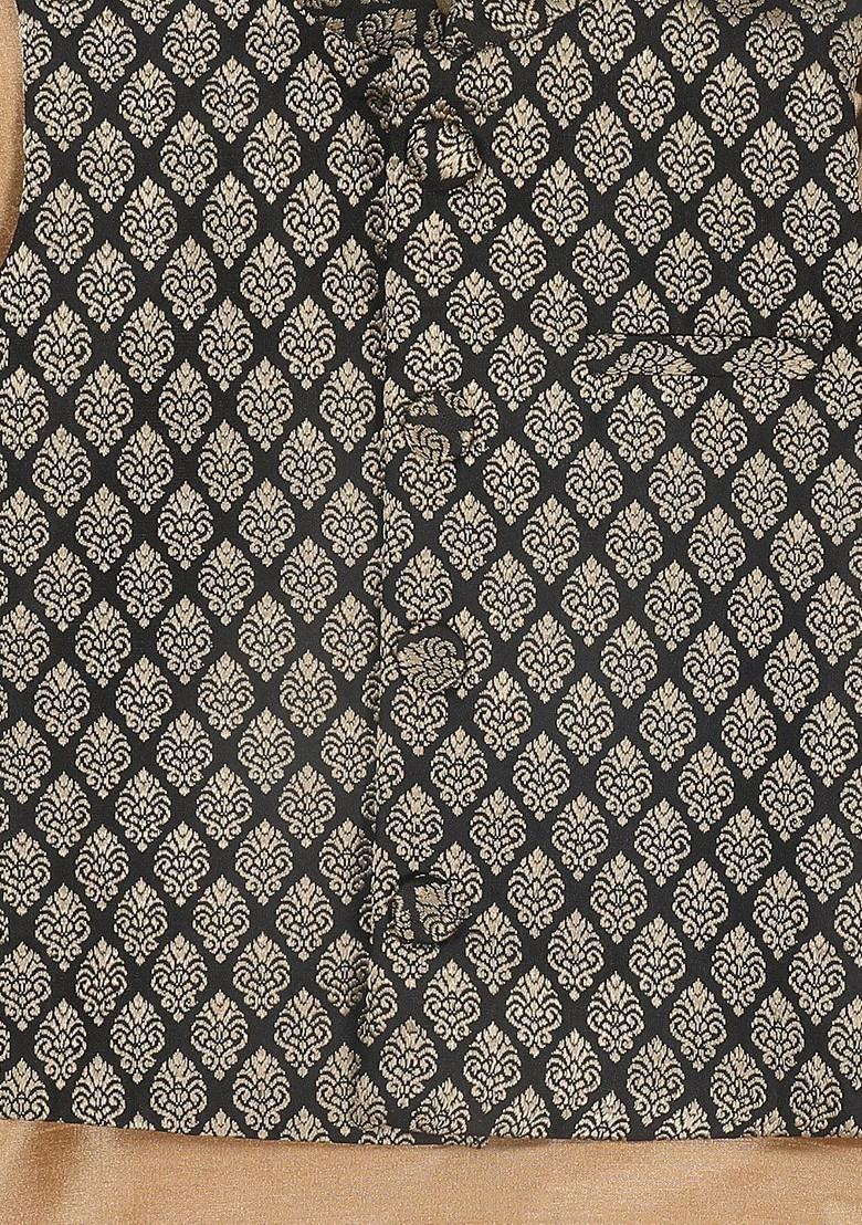 Boys Copper Toned Self Design Regular Kurta With Pyjamas And Nehru Jacket - Indya