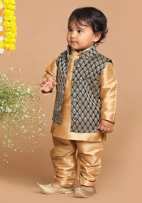 Boys Copper Toned Self Design Regular Kurta With Pyjamas And Nehru Jacket