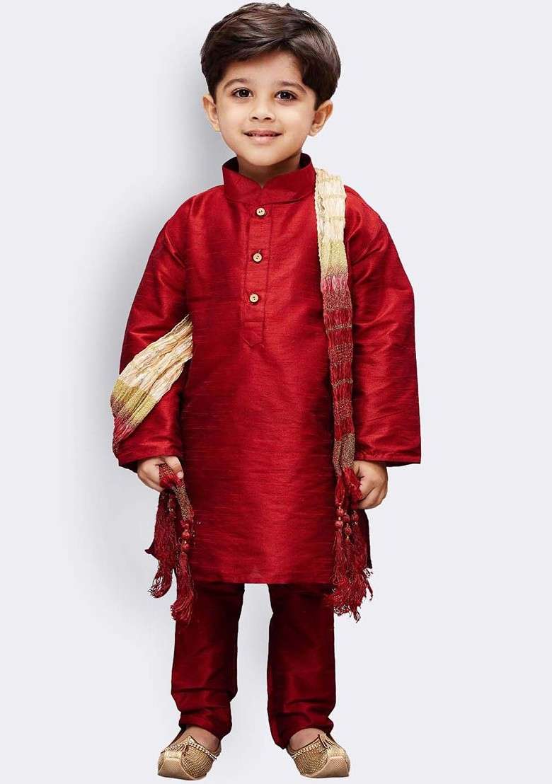 Boys Maroon Regular Kurti With Pyjamas And With Dupatta - Indya
