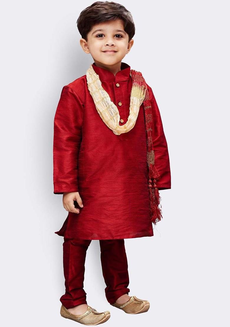 Boys Maroon Regular Kurti With Pyjamas And With Dupatta - Indya