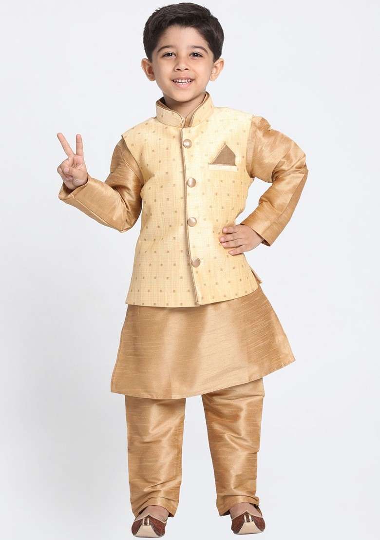 Boys Gold Toned Self Design Kurta With Churidar And Jacket - Indya