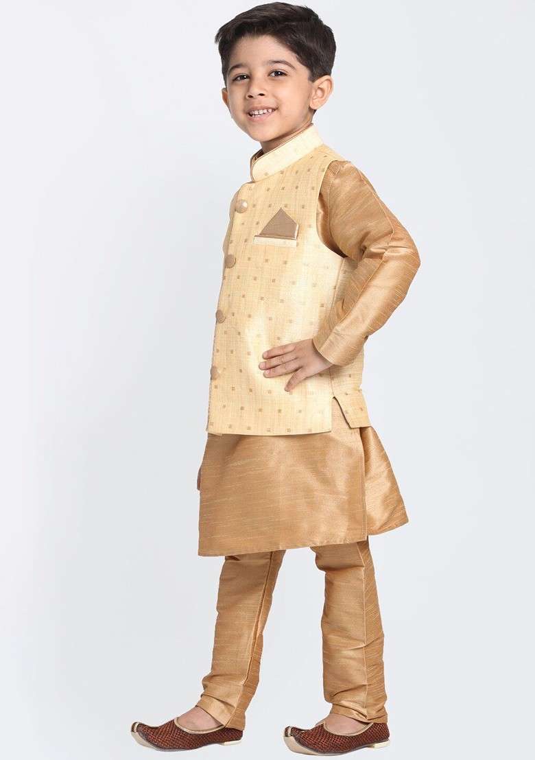 Boys Gold Toned Self Design Kurta With Churidar And Jacket - Indya