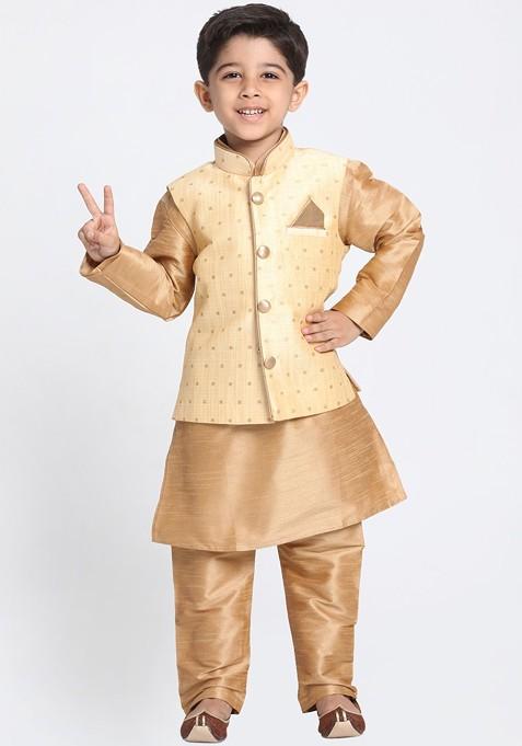 Boys Gold Toned Self Design Kurta With Churidar And Jacket — view on Indya